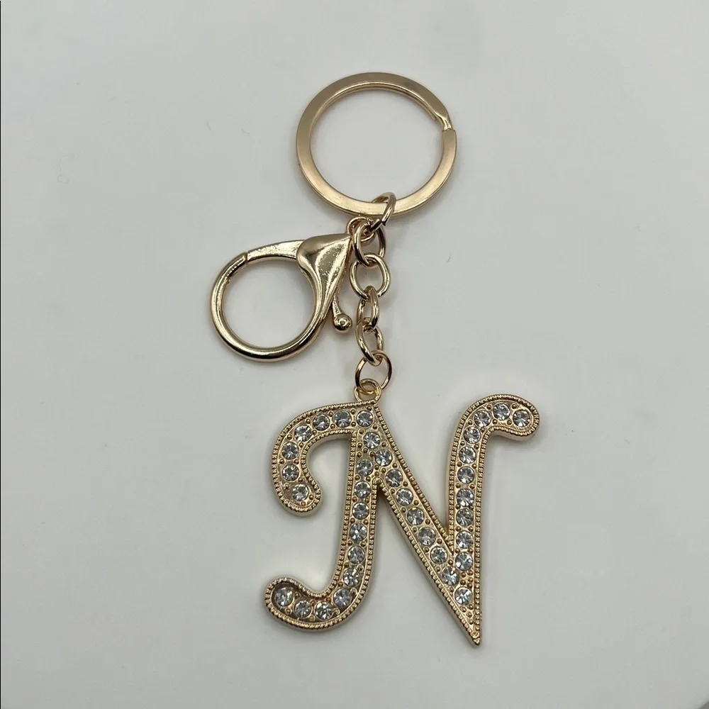 382. Gold Initial N Keychain with Rhinestones